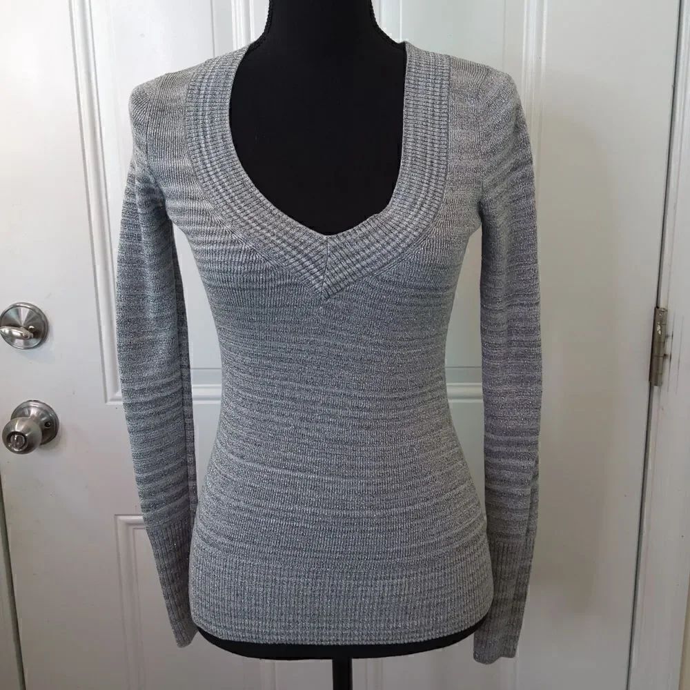 Express graystripe long sleeve v-neck sweater with silver metallic threading